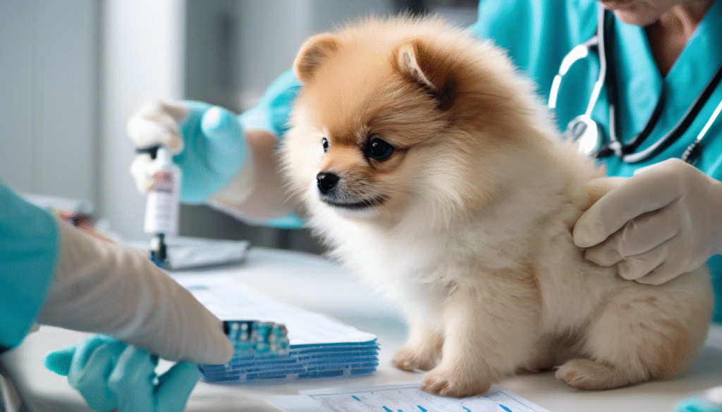 A veterinarian gently examining a small Pomeranian puppy on a clinic table with health charts and DNA test kits visible. The scene conveys the importance of health checks and genetic testing in breeding Pomeranian dogs.