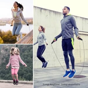A man,woman and child is jumpimg with jump rope